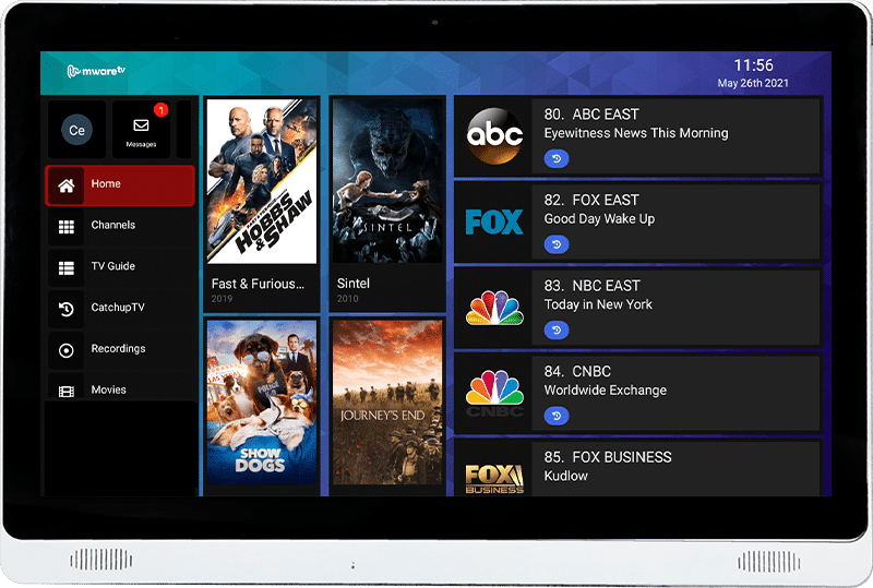 Terminal One frontview that's turned on showing the platform with various movies and channels