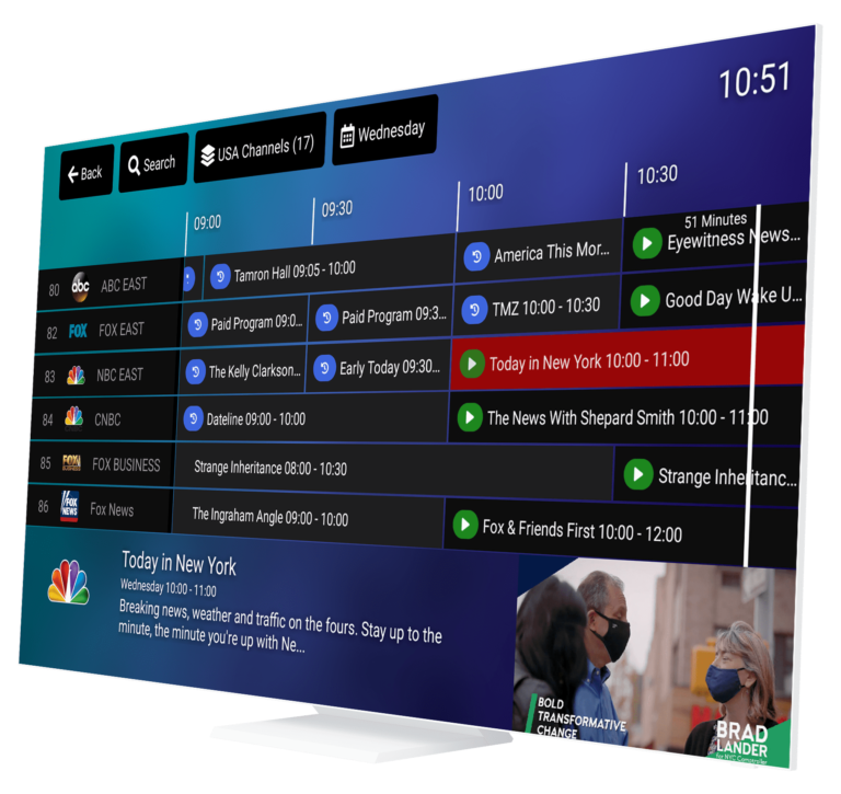 TV Guide from MwareTV's platform, displayed on a Smart TV photographed from the right