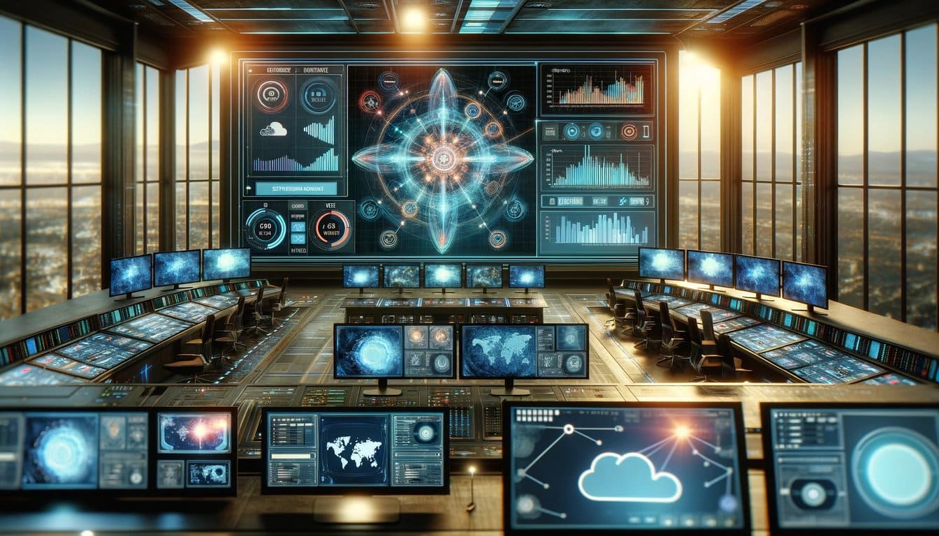 Digital control room with middleware software interface displaying streaming data and analytics, surrounded by monitors showing various streaming channels and network diagrams.